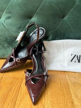Zara Burgundy Patent Pointed Slingback Heels with Cross Straps